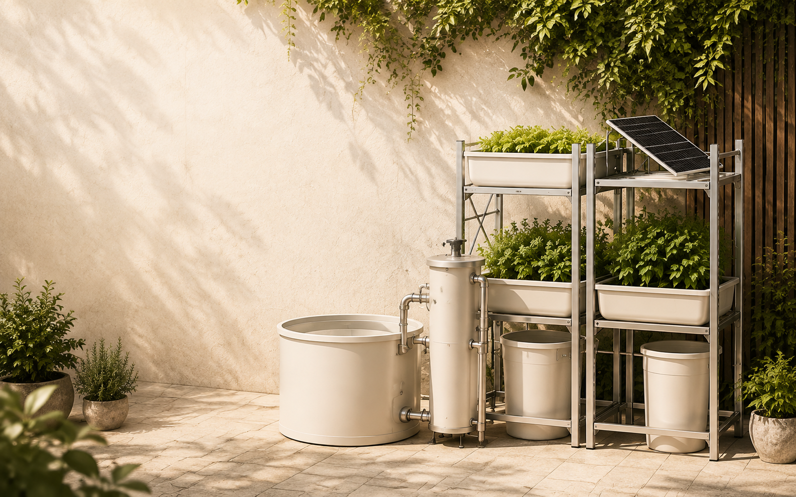 Concept of a modular aquaponics system in a warm garden courtyard