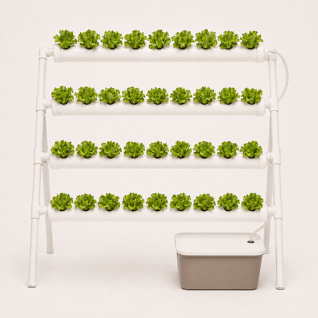 Four-tier hydroponic system with 36 planted sites, independent support legs and a separate nutrient reservoir