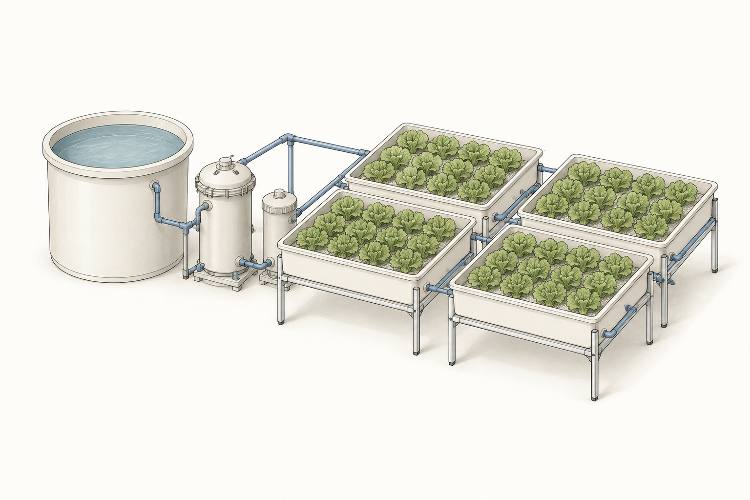 Horizontal layout concept with a fish tank and low growing beds spread across the ground
