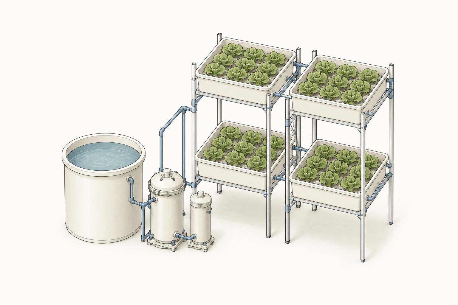 Vertical layout concept with a fish tank and two-tier growing racks on independent feet